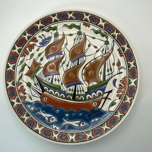Lindos Keramik handmade‎ in Rodos Greece Ship Boat Fish Theme Plate Decor 8 in